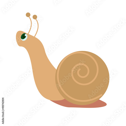 Vector flat illustration of a small snail. Cute snail isolated on white background in cartoon style.