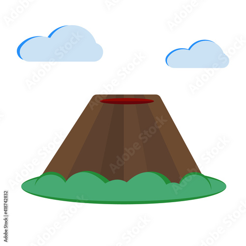 Vector flat illustration of a volcano isolated on a blue background with clouds in cartoon style.