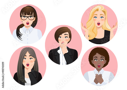 Set of surprised diverse business women vector