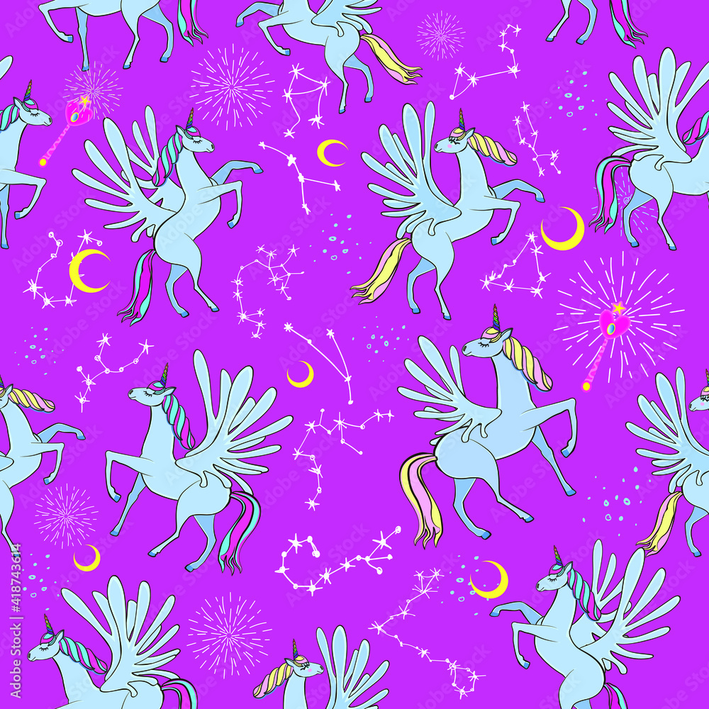 Pegasus in the starry sky Moon, magic wands, constellations. Seamless pattern in children's style.
