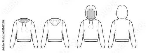 Set of Hoody sweatshirt technical fashion illustration with elbow sleeves, relax body, banded hem, drawstring. Flat apparel template front, back, white color style. Women, men, unisex CAD mockup