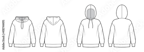 Set of Hoody sweatshirt technical fashion illustration with long sleeves, oversized body, knit rib cuff, banded hem. Flat apparel template front, back, white color style. Women, men, unisex CAD mockup