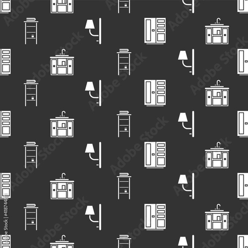 Set Wardrobe, Washbasin cabinet with tap, Bathroom rack with shelves for towels and Wall sconce on seamless pattern. Vector.