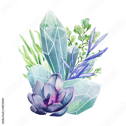 Crystal gems with succulents, full color decorative art