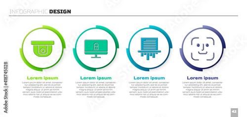 Set Motion sensor, Lock on computer monitor, Paper shredder and Face recognition. Business infographic template. Vector.