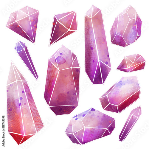 Watercolor gems set, pink crystals, wet texture
