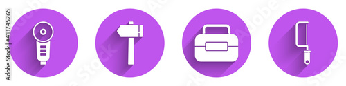 Set Angle grinder, Hammer, Toolbox and Hacksaw icon with long shadow. Vector.