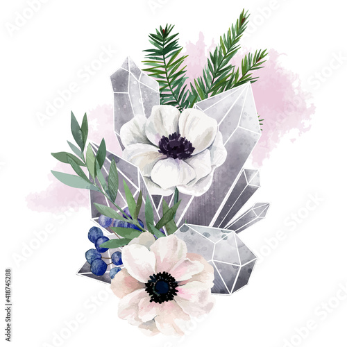 Crystal gems with flowers, full color decorative art