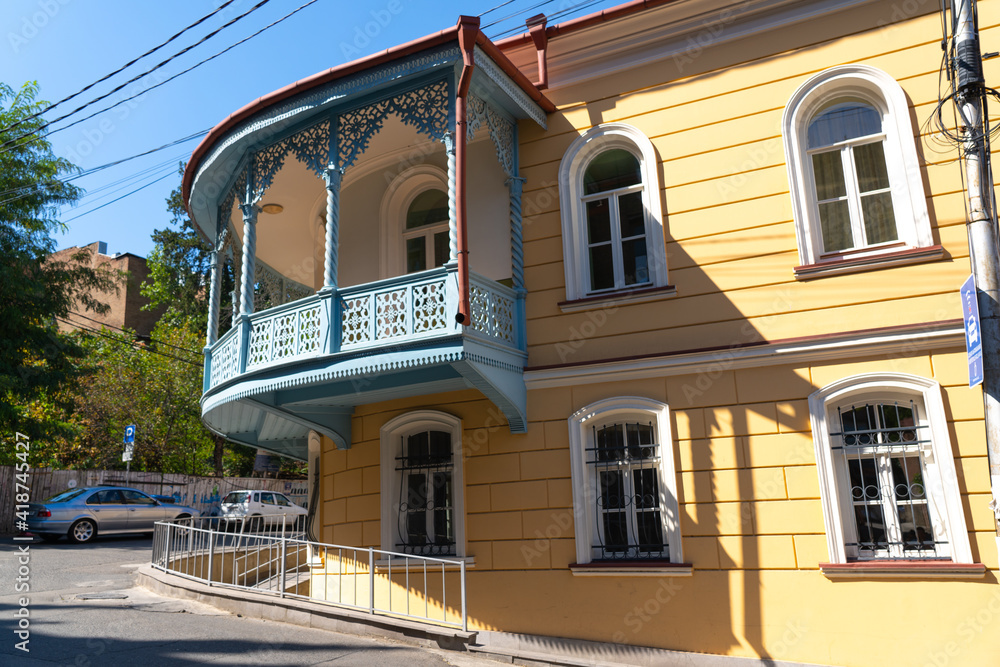 Wooden patterned balcony view from the street