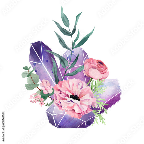 Crystal gems with flowers, full color decorative art