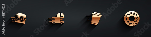Set Online ordering burger delivery, Fast by car, Coffee cup to go and Donut icon with long shadow. Vector.