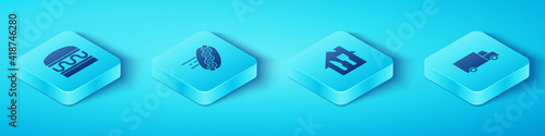Set Isometric Burger, Online ordering hotdog, Fast delivery by car and and icon. Vector.