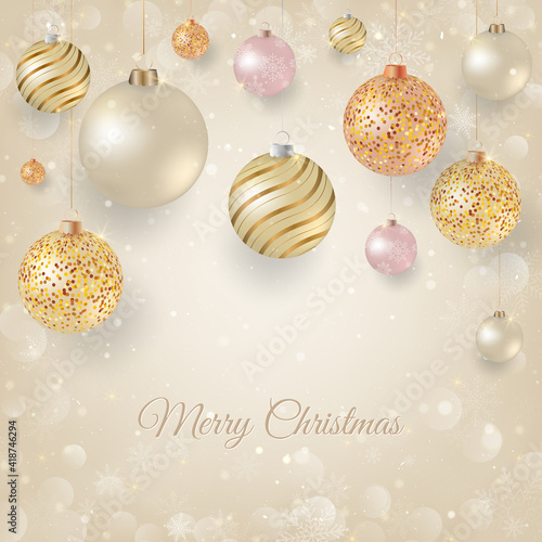 Christmas background with light Christmas baubles. Elegant Christmas background with gold and white evening balls