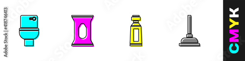Set Toilet bowl, Wet wipe pack, Tube of toothpaste and Rubber plunger icon. Vector.