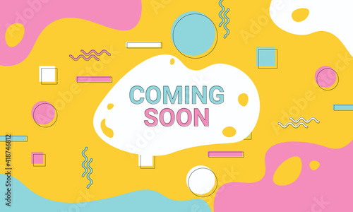 Coming soon banner background with colorful memphis elements.
