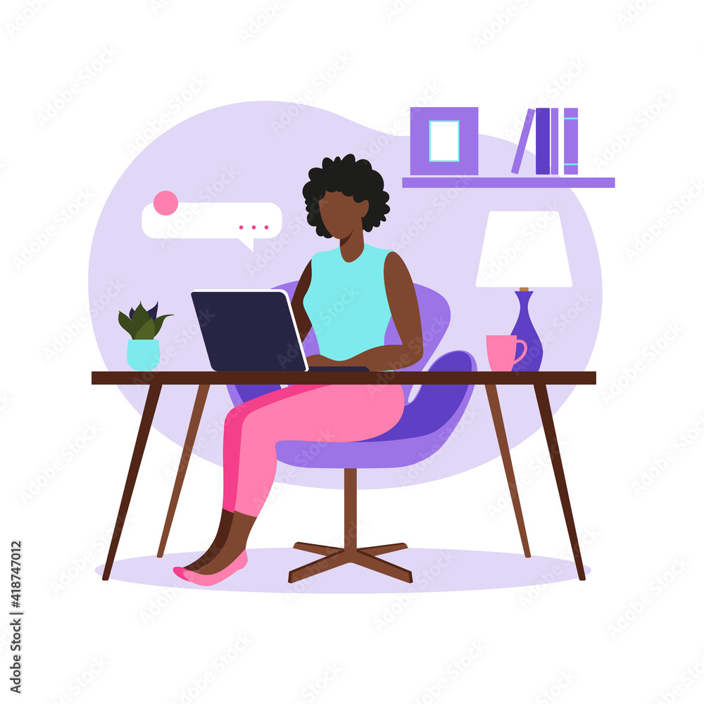 African woman sitting table with laptop. Working on a computer. Freelance, online education or social media concept. Freelance or studying concept. Flat style. Vector illustration. African woman sitting table with laptop. Working on a computer. Freelance, online education or social media concept. Freelance or studying concept. Flat style. Vector illustration.