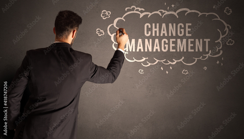 businessman drawing a cloud with CHANGE MANAGEMENT inscription inside, modern business concept businessman drawing a cloud with CHANGE MANAGEMENT inscription inside, modern business concept