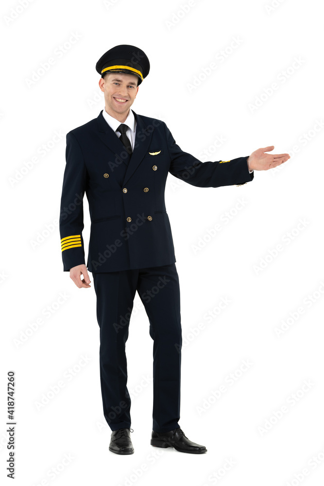 Young and handsome airline pilot standing and welcoming people on board isolated on white background Young and handsome airline pilot standing and welcoming people on board isolated on white background
