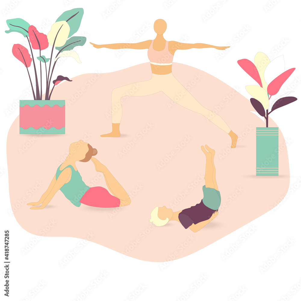 Obraz premium Healthy Family with Two Kids Doing Asanas