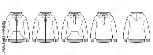 Set of Zip-up Hoody sweatshirt technical fashion illustration with long sleeves, oversized body, pouch, knit rib cuff. Flat extra large template front, back, white color. Women, men, unisex CAD mockup