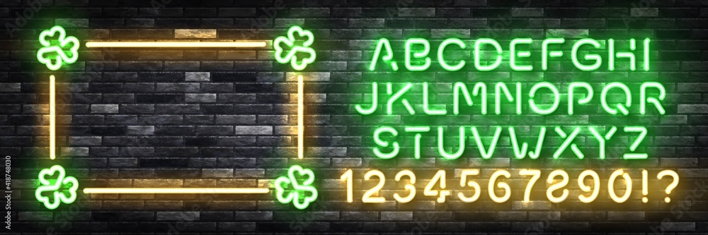 Vector realistic isolated neon sign of St. Patrick's Day frame with easy to change color font alphabet for template decoration and covering on the wall background.