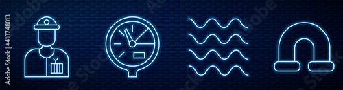 Set line Wave, Plumber, Water meter and Industry metallic pipe. Glowing neon icon on brick wall. Vector.