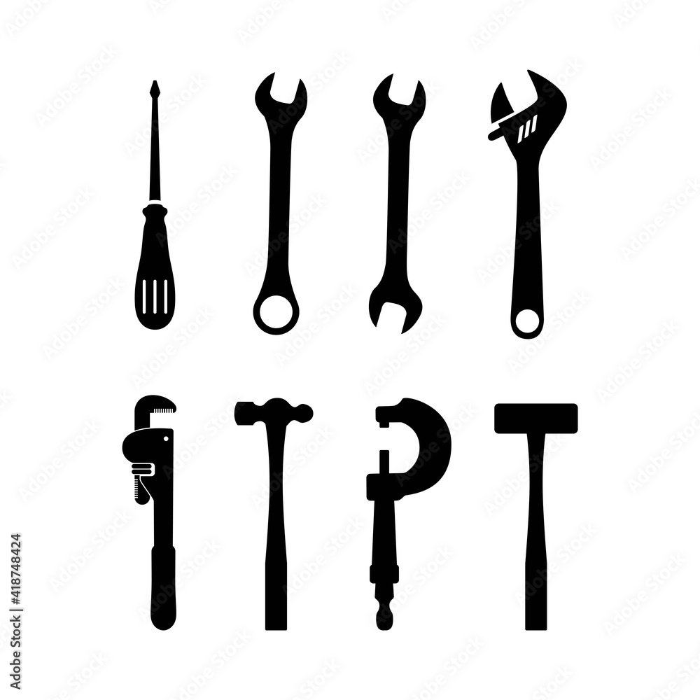 Tools set icon vector design. Hammer, screwdriver, wrench, instrument collection silhouette vector. Tools set icon vector design. Hammer, screwdriver, wrench, instrument collection silhouette vector.