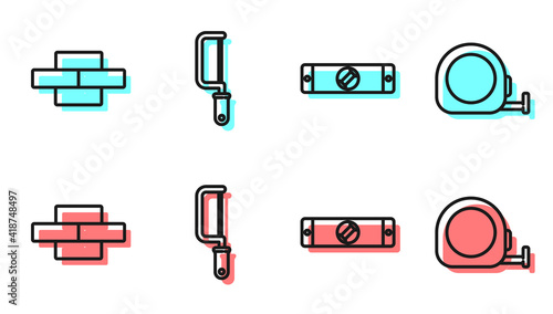 Set line Construction bubble level, Bricks, Hacksaw and Roulette construction icon. Vector.
