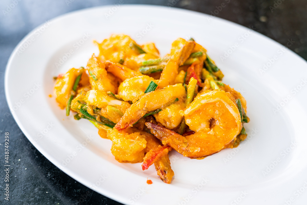 Stir fried shrimp with salt eggs sauce. Stir fried shrimp with salt eggs sauce.
