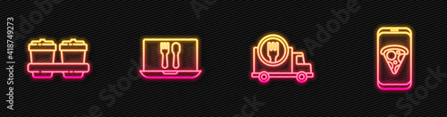 Set line Fast delivery by car, Coffee cup to go, Online ordering and and Food pizza. Glowing neon icon. Vector.