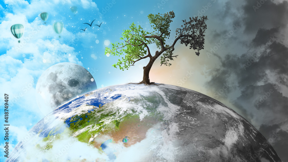 Earth and tree divided into two parts: clean and polluted. A concept of ...