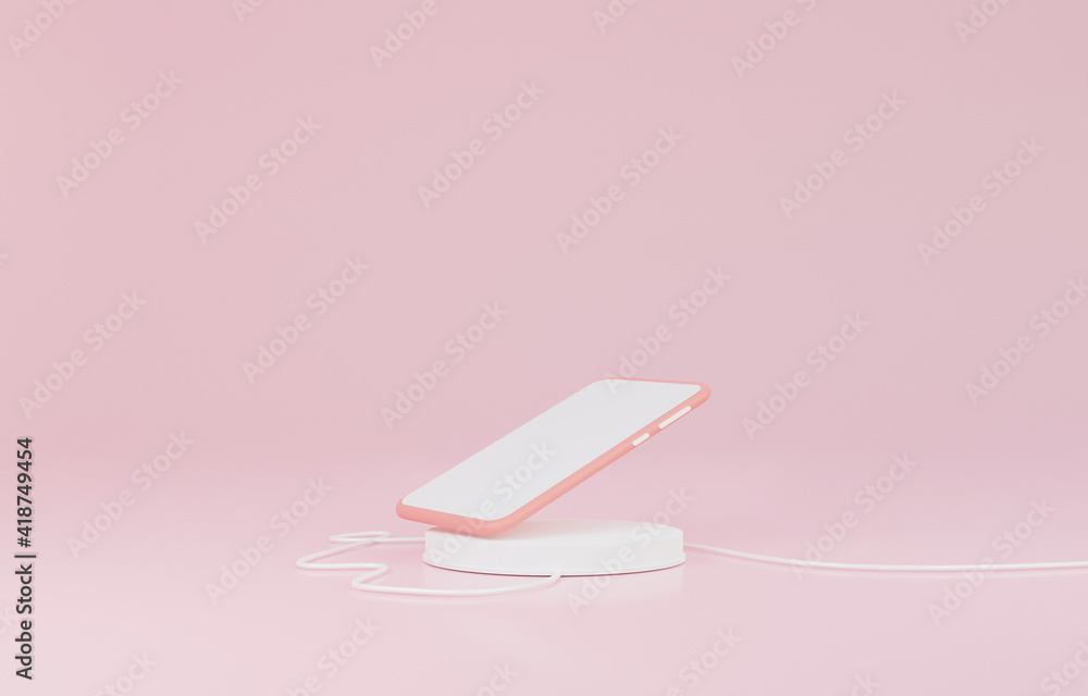 Wireless charging technology of white touchscreen smartphone battery concept. on base pink pastel background 3d illustration minimal style, banner, website, copy space. Wireless charging technology of white touchscreen smartphone battery concept. on base pink pastel background 3d illustration minimal style, banner, website, copy space.