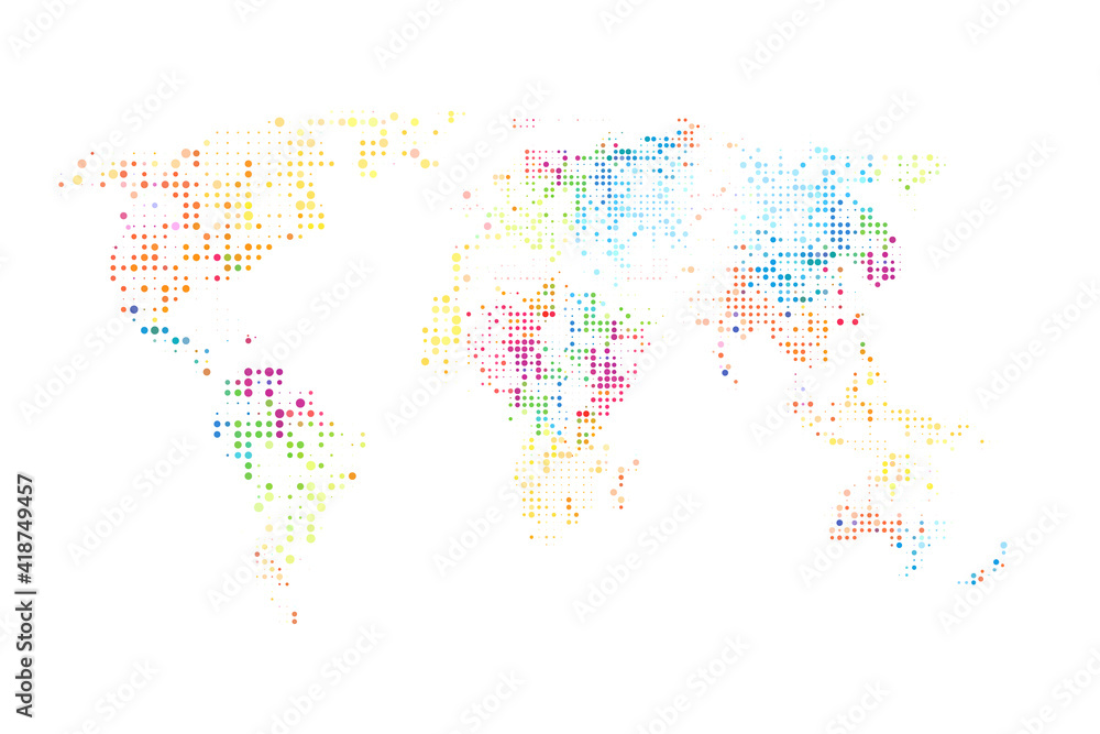 Fototapeta premium Dotted World map. Abstract computer graphic World map of colorful round dots. Vector illustration.