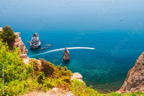 Beautiful sea coast with turquoise water and rocks. Summer seascape. Fiolent Cape, Crimea