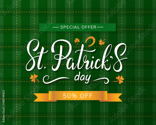 Saint Patrick's Day sale banner design template with beautiful handwritten lettering, horseshoe and clover. Special offer 50% off. - Vector