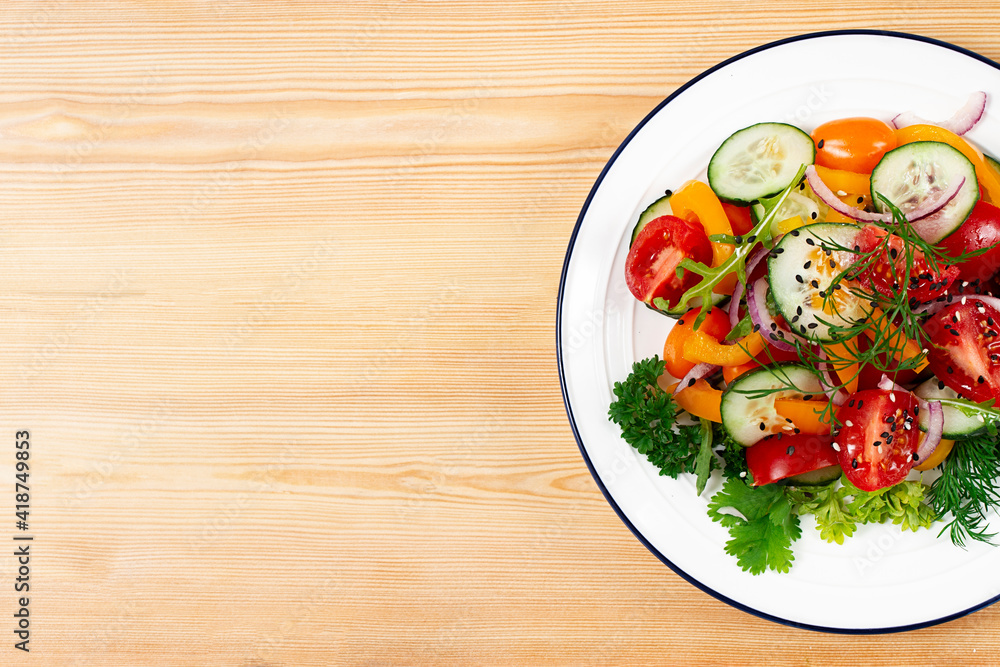 Fresh vegetable salad, on a wooden table, top view, horizontal, no people, Fresh vegetable salad, on a wooden table, top view, horizontal, no people,