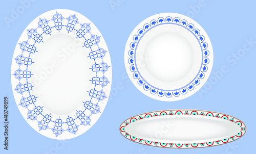set of three isolated plates with Mediterranean ornament.