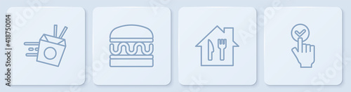 Set line Online ordering noodles delivery, and, Burger and . White square button. Vector.