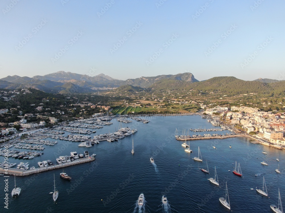 Aerial view of Andraxt in Mallorca. Amazing view of the coast with the port, yacht, boat, vessel and catamaran