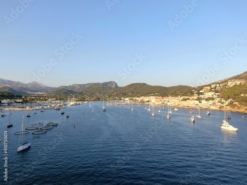 Aerial view of Andraxt in Mallorca. Amazing view of the coast with the port, yatch, boat, vessel and catamaran