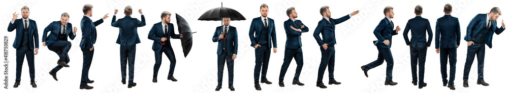 Seth, a man in a business suit in various poses isolated on a white background. Seth, a man in a business suit in various poses isolated on a white background.