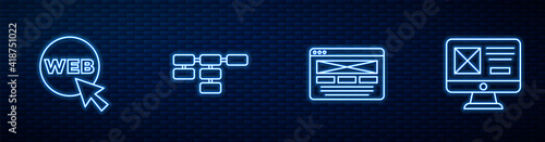 Set line UI or UX design, Web and graphic, Site map and . Glowing neon icon on brick wall. Vector.