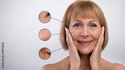Beauty and skincare. Collage of attractive senior woman with zoomed zones showing skin aging signs, light background