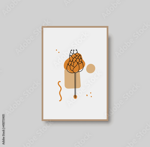 Botanical wall art abstract vector. Foliage line drawing. Neutral boho art print. Minimal mid century wall art print for bedroom decor. Gallery decor poster, terracota watercolor. Vector illustration