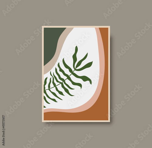 Botanical wall art abstract vector. Foliage line drawing. Neutral boho art print. Minimal mid century wall art print for bedroom decor. Gallery decor poster, terracota watercolor. Vector illustration