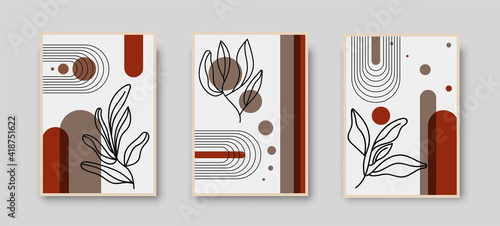 Botanical wall art abstract vector. Foliage line drawing. Neutral boho art print set. Minimal mid century wall art print for bedroom decor. Gallery decor poster, terracota colors. Vector illustration