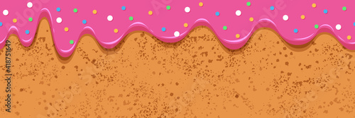 Panettone glaze seamless pattern. Horizontal banner with melting strawberry cake cream and colorful sprinkles. Cupcake. Vector design template for packaging, poster, flyer, postcard, cover.