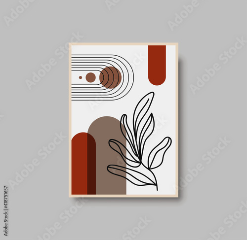 Botanical wall art abstract vector. Foliage line drawing. Neutral boho art print. Minimal mid century wall art print for bedroom decor. Gallery decor poster, terracota watercolor. Vector illustration
