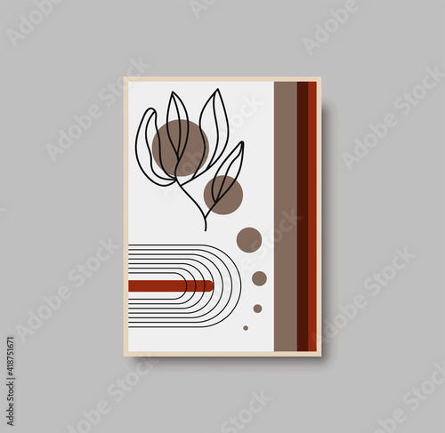 Botanical wall art abstract vector. Foliage line drawing. Neutral boho art print. Minimal mid century wall art print for bedroom decor. Gallery decor poster, terracota watercolor. Vector illustration