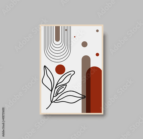 Botanical wall art abstract vector. Foliage line drawing. Neutral boho art print. Minimal mid century wall art print for bedroom decor. Gallery decor poster, terracota watercolor. Vector illustration